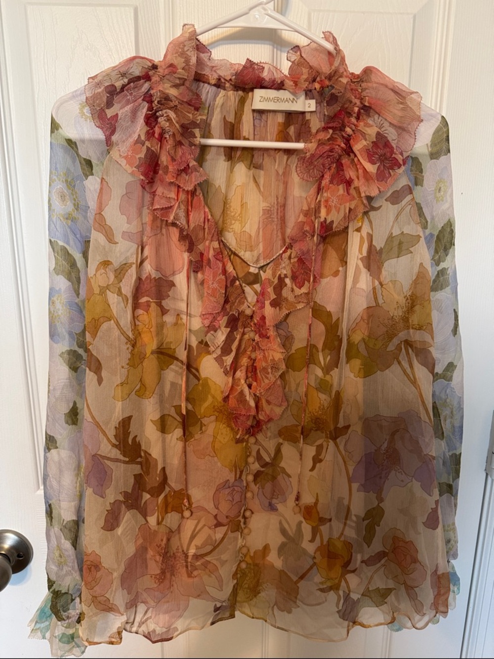 Zimmermann Floral Sheer Ruffle Silk Blouse w/ Cami Slip Size 2